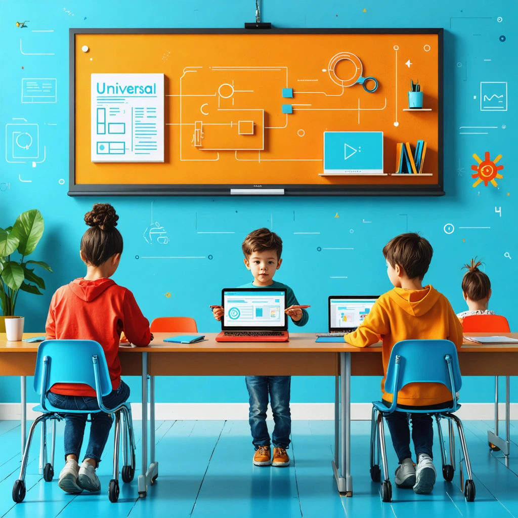 A visually appealing representation of Universal Design for Learning (UDL), showcasing diverse learners engaging with technology, including a teacher using AI tools, a visually impaired student with assistive devices, and an inclusive classroom environment. The design is modern and educational, with warm and inviting colors on a clean, minimalistic background