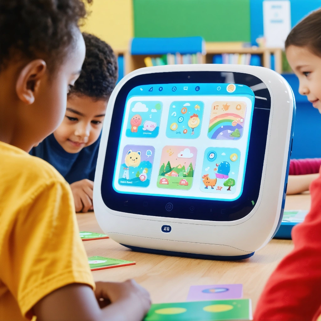 Children engaging with an AI-powered interactive learning device in a classroom, demonstrating Universal Design for Learning principles such as diverse representation and engagement through colorful and accessible content.