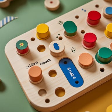An interactive wooden toy with tactile elements and braille markings, showcasing universal design in education by promoting accessibility and inclusive learning for children.